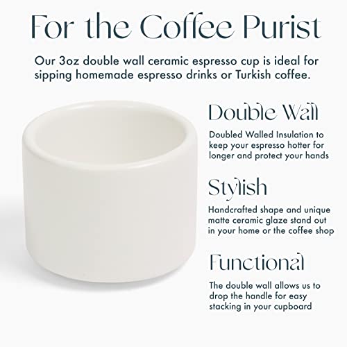 Folk Ceramics Leonard Double Walled Ceramic Espresso Cups | Set of 2, 3oz, Whisper White | Modern Insulated Stackable Demitasse Mugs for Espresso| Handleless, Durable, Dishwasher & Microwave Safe