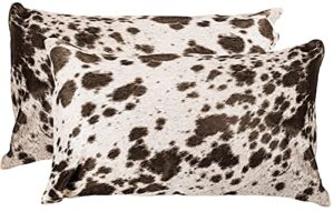 set of 2, natural torino cowhide throw pillows with poly insert | kobe accent pillows handcrafted from 100% cow hide, s&p choco & white, 12 in x 20 in