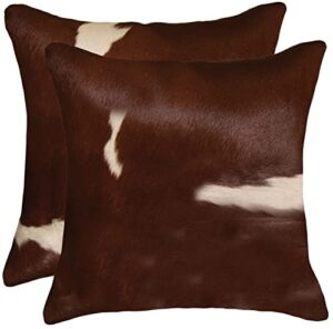 set of 2, natural torino cowhide throw pillows with poly insert | kobe accent pillows handcrafted from 100% cow hide, brown & white, 18 in x 18 in