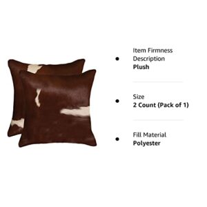 Set of 2, Natural Torino Cowhide Throw Pillows with Poly Insert | Kobe Accent Pillows Handcrafted from 100% Cow Hide, Brown & White, 18 in x 18 in