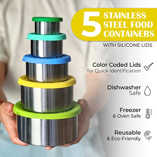 WEST BROS Stainless Steel Containers with Lids - Reusable Snack Containers with Silicone Lids - Leakproof Stainless Steel Food Storage - Round Metal Premium Container Bento Box