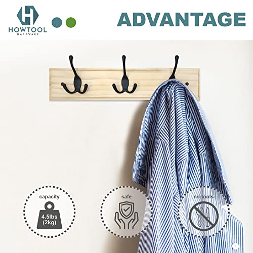 HOWTOOL Wall Mounted Coat Hook Rack with 3 Self-Adhesive Tri Hooks - Perfect for Hanging Coats Hats Towels & Purses