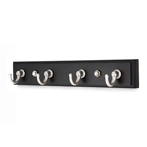 HOWTOOL Key Hook Rail Wall Mounted & Self Adhesive 4 Hooks Black & Satin Nickel