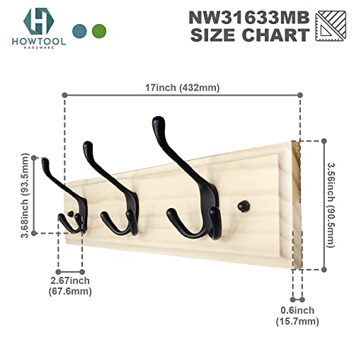 HOWTOOL Wall Mounted Coat Hook Rack with 3 Self-Adhesive Tri Hooks - Perfect for Hanging Coats Hats Towels & Purses