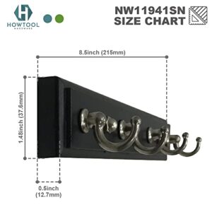 HOWTOOL Key Hook Rail Wall Mounted & Self Adhesive 4 Hooks Black & Satin Nickel