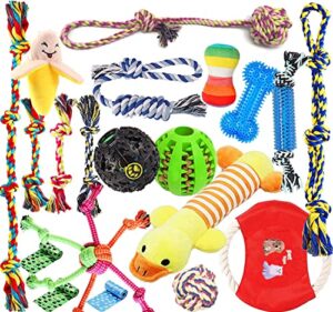 dog puppy toys, value puppy chew toys for med to small dogs with interactive dog rope toys, dog treat dispenser ball, dog squeak toys, tug of war toys for fun and teeth cleaning dog chew toys(20 pack)