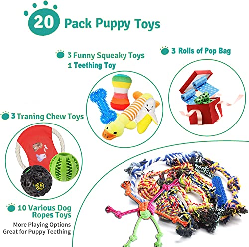 Dog Puppy Toys, Value Puppy Chew Toys for Med to Small Dogs with Interactive Dog Rope Toys, Dog Treat Dispenser Ball, Dog Squeak Toys, Tug of War Toys for Fun and Teeth Cleaning Dog Chew Toys(20 Pack)