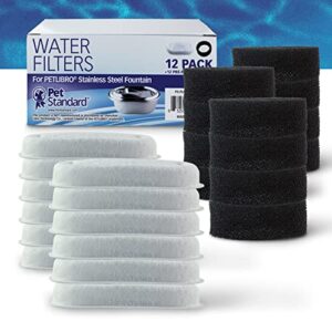 PET STANDARD Replacement Water Filter & 12 Pack Replacement Pre-Filter Sponges Compatible with PETLIBRO® Stainless Steel Pet Water Fountain Model #PLWF003, 67oz/2L, Cat Water Fountain Pack of 12