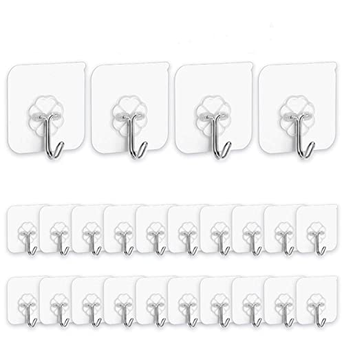 Pengwei 24 Pack Adhesive Hooks Transparent Non-Marking Waterproof Hooks Strong Adhesive Hooks for Kitchen Bathroom Cloakroom Reusable Wall Hooks Nail Free Heavy Duty Adhesive Hooks