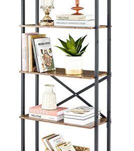 Hoctieon 5 Tier Bookshelf, Tall Bookcase Shelf Storage Organizer, Vintage Wood Open Shelves, Utility Organizer Shelves for Home Office, Living Room, Bedroom, Kitchen, Bathroom, Rustic Brown