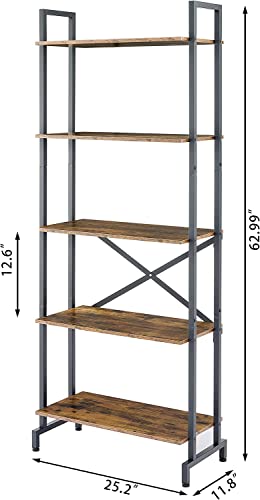 Hoctieon 5 Tier Bookshelf, Tall Bookcase Shelf Storage Organizer, Vintage Wood Open Shelves, Utility Organizer Shelves for Home Office, Living Room, Bedroom, Kitchen, Bathroom, Rustic Brown