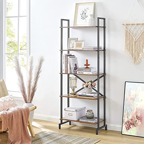 Hoctieon 5 Tier Bookshelf, Tall Bookcase Shelf Storage Organizer, Vintage Wood Open Shelves, Utility Organizer Shelves for Home Office, Living Room, Bedroom, Kitchen, Bathroom, Rustic Brown