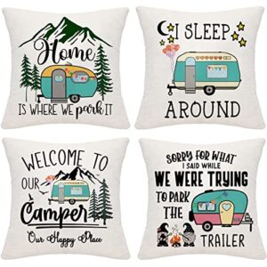 occdesign set of 4 camper decor rv travel trailer decoration for inside camping pillow cover for bedding sofa couch (welcome to our camper)