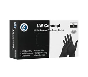 lw concept black medical nitrile examination gloves - latex & powder-free, disposable, ultra-strong, healthcare, food handling use (large, box of 100)