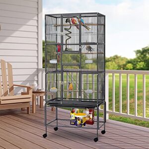 kinpaw large flight bird cage - 70” wrought iron bird house with climbing rope bungee birds toy rolling stand castors feeding bowl for parrot cockatiel finch pet supplies black…