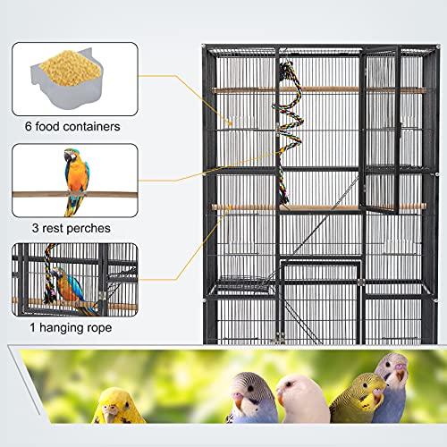 Kinpaw Large Flight Bird Cage - 70” Wrought Iron Bird House with Climbing Rope Bungee Birds Toy Rolling Stand Castors Feeding Bowl for Parrot Cockatiel Finch Pet Supplies Black…