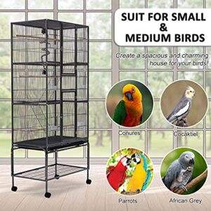 Kinpaw Large Flight Bird Cage - 70” Wrought Iron Bird House with Climbing Rope Bungee Birds Toy Rolling Stand Castors Feeding Bowl for Parrot Cockatiel Finch Pet Supplies Black…