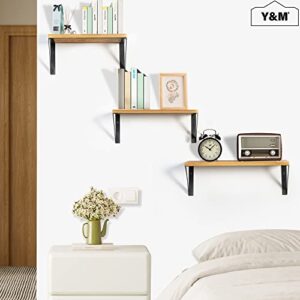 Y&M Floating Wall Shelves, Set of 3 Carbonized Pine Wood Wall Mounted Shelf with Black Metal Brackets, Decorative Storage for Bedroom, Bathroom, Farmhouse, Modern Home Decor - Rustic Brown and Black