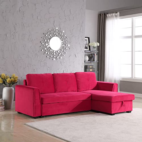 Legend Vansen Bed Velvet Storage Reversible Convertible Sectional Sleeper Sofa, Red