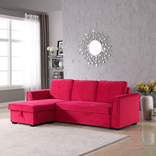 Legend Vansen Bed Velvet Storage Reversible Convertible Sectional Sleeper Sofa, Red