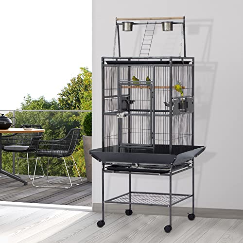 Kinpaw 68" Bird Cage Large - Wrought Iron Open Play Top Perch with Rolling Stand Castor Wheels Feeding Bowl for Parrot Cockatiel Finch Pet Supplies Black…