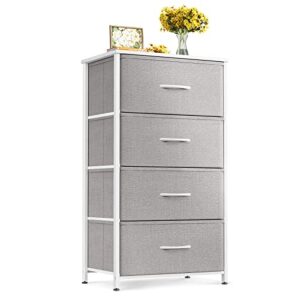 odk dresser for bedroom with 4 storage drawers, small dresser chest of drawers fabric dresser with sturdy steel frame, dresser for closet with wood top, light grey