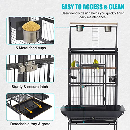 Kinpaw 68" Bird Cage Large - Wrought Iron Open Play Top Perch with Rolling Stand Castor Wheels Feeding Bowl for Parrot Cockatiel Finch Pet Supplies Black…