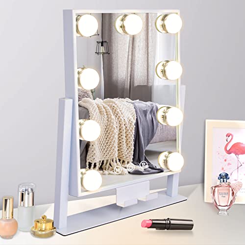 Kottova Makeup Mirror Vanity Mirror with Lights Lighted Make Up Mirror,3 Color Modes,9 LED Dimmable Hollywood Mirror with Stand,Touch Control,360 Rotation,Detachable 10X Magnification Mirror,White