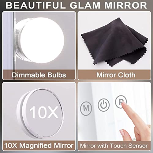 Kottova Makeup Mirror Vanity Mirror with Lights Lighted Make Up Mirror,3 Color Modes,9 LED Dimmable Hollywood Mirror with Stand,Touch Control,360 Rotation,Detachable 10X Magnification Mirror,White