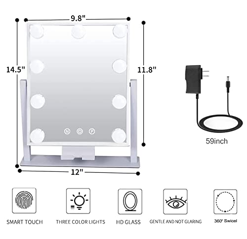 Kottova Makeup Mirror Vanity Mirror with Lights Lighted Make Up Mirror,3 Color Modes,9 LED Dimmable Hollywood Mirror with Stand,Touch Control,360 Rotation,Detachable 10X Magnification Mirror,White