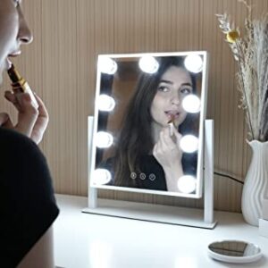 Kottova Makeup Mirror Vanity Mirror with Lights Lighted Make Up Mirror,3 Color Modes,9 LED Dimmable Hollywood Mirror with Stand,Touch Control,360 Rotation,Detachable 10X Magnification Mirror,White