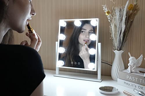 Kottova Makeup Mirror Vanity Mirror with Lights Lighted Make Up Mirror,3 Color Modes,9 LED Dimmable Hollywood Mirror with Stand,Touch Control,360 Rotation,Detachable 10X Magnification Mirror,White