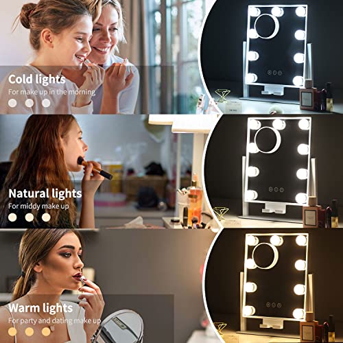 Kottova Makeup Mirror Vanity Mirror with Lights Lighted Make Up Mirror,3 Color Modes,9 LED Dimmable Hollywood Mirror with Stand,Touch Control,360 Rotation,Detachable 10X Magnification Mirror,White