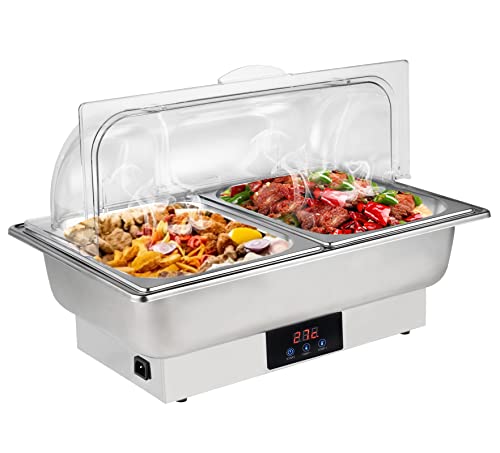 YMJOINMX Roll Top Chef Chafing Dish Buffet Set 2 Pans Food Warmer Buffet Servers and Warmers Digital Display Temperature Warming Tray Bain Marie Food Warmer for Parties Commercial Food Steam Table