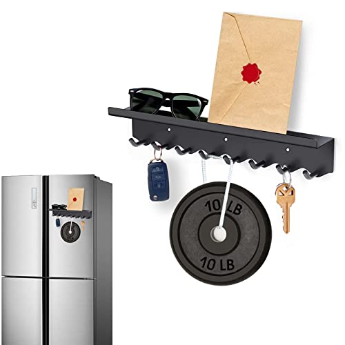 Volnamal Magnetic Key Holder for Wall Decorative - Premium Magnets Wall Mounted Key and Mail Organizer, Adhesive Key Rack Hanger for Entryway, Refrigerator with 8 Hooks(Black)