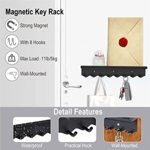 Volnamal Magnetic Key Holder for Wall Decorative - Premium Magnets Wall Mounted Key and Mail Organizer, Adhesive Key Rack Hanger for Entryway, Refrigerator with 8 Hooks(Black)