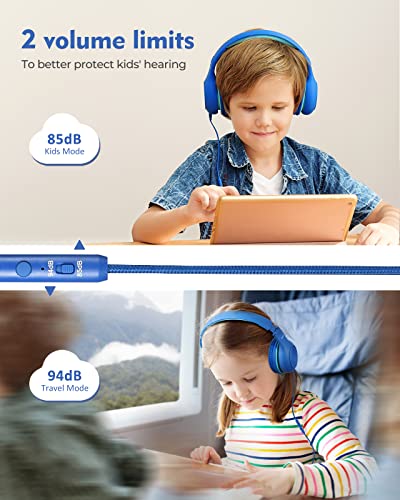 KLYLOP Kids Headphones with Microphone, Wired Headphone Over-Ear for Kids for School, 85/94dB Volume Limiter, Headphones for Kid with Share Function, Foldable Headset for iPad Kindle Fire