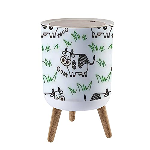 Round Trash Can with Press Lid smiling standing cow with green grass Seamless cute design in sketch Small Garbage Can Trash Bin Dog-proof Trash Can Wooden Legs Waste Bin Wastebasket 7L/1.8 Gallon