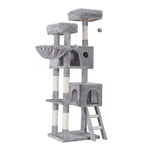 Heybly Cat Tree, Cat Tower for Indoor Cats,Multi-Level Cat Furniture Condo for Large Cats with 2 Padded Plush Perch, Cozy Basket and Scratching Posts HCT023W