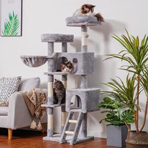 Heybly Cat Tree, Cat Tower for Indoor Cats,Multi-Level Cat Furniture Condo for Large Cats with 2 Padded Plush Perch, Cozy Basket and Scratching Posts HCT023W