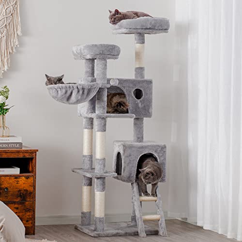 Heybly Cat Tree, Cat Tower for Indoor Cats,Multi-Level Cat Furniture Condo for Large Cats with 2 Padded Plush Perch, Cozy Basket and Scratching Posts HCT023W