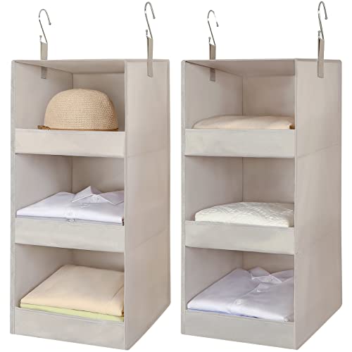 TOPIA HOME 3-Shelf Hanging Closet Organizer, Upgraded Thickened Fabric Hanging Closet Shelves, Collapsible Closet Organizers and Storage Organization, 12.2" W X 12.2" D X 31.0" H, Beige/Gray, 2 Pack