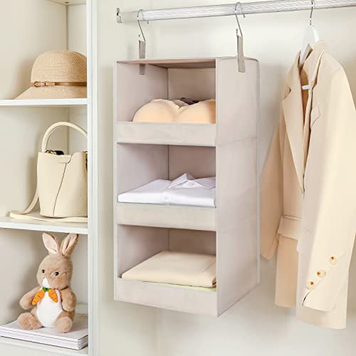 TOPIA HOME 3-Shelf Hanging Closet Organizer, Upgraded Thickened Fabric Hanging Closet Shelves, Collapsible Closet Organizers and Storage Organization, 12.2" W X 12.2" D X 31.0" H, Beige/Gray, 2 Pack