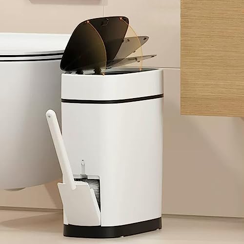 COMODID 3.7 Gallons Bathroom Trash Can with Toilet Brush Holder 14 Liter White Plastic Garbage Can with Black Locking Press Top Lid | Dogproof Slim Rectangular Trash Bin for Toilet, Black lid