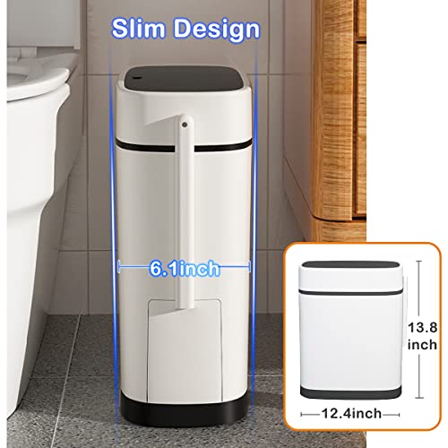 COMODID 3.7 Gallons Bathroom Trash Can with Toilet Brush Holder 14 Liter White Plastic Garbage Can with Black Locking Press Top Lid | Dogproof Slim Rectangular Trash Bin for Toilet, Black lid