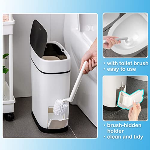 COMODID 3.7 Gallons Bathroom Trash Can with Toilet Brush Holder 14 Liter White Plastic Garbage Can with Black Locking Press Top Lid | Dogproof Slim Rectangular Trash Bin for Toilet, Black lid