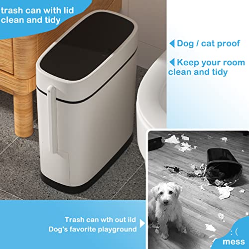 COMODID 3.7 Gallons Bathroom Trash Can with Toilet Brush Holder 14 Liter White Plastic Garbage Can with Black Locking Press Top Lid | Dogproof Slim Rectangular Trash Bin for Toilet, Black lid