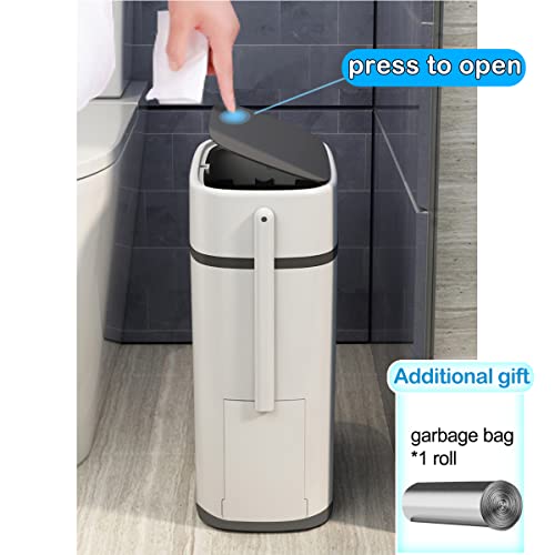 COMODID 3.7 Gallons Bathroom Trash Can with Toilet Brush Holder 14 Liter White Plastic Garbage Can with Black Locking Press Top Lid | Dogproof Slim Rectangular Trash Bin for Toilet, Black lid