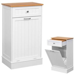 erommy tilt out trash cabinet, wooden kitchen trash can free standing waste bin, recycling hideaway garbage can holder with drawer and removable bamboo cutting board, white