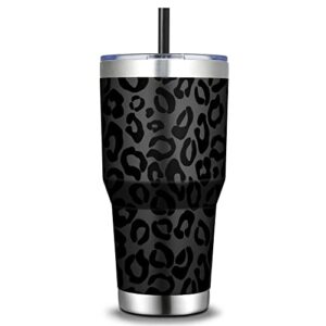 aloufea 30oz stainless steel tumbler, insulated coffee tumbler cup with lid and straw, double walled travel coffee mug for hot & cold drinks (black leopard, 1 pack)